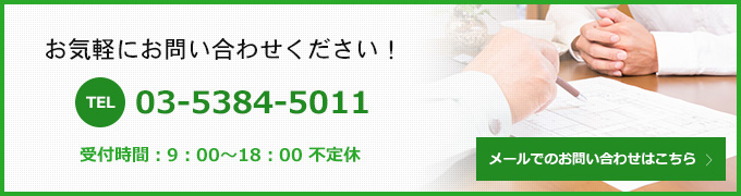 お気軽にお問い合わせください！ TEL：03-5384-5011 受付時間：9：00～18：00 不定休